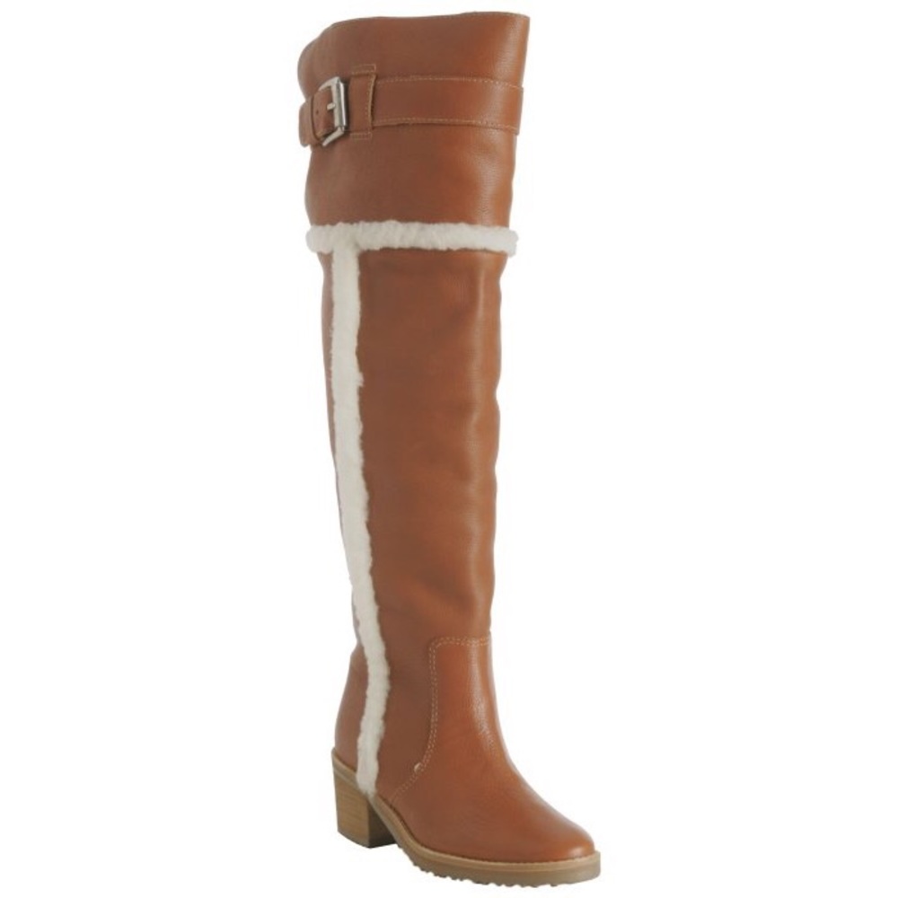 Michael Kors High Knee High Pebbled Honey Leather Shearling Winter Boots Nwot